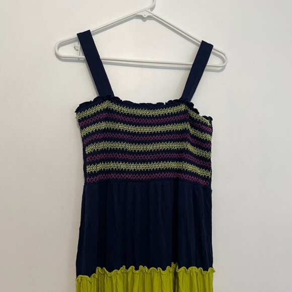 SPENSE Navy Blue Lime Green Fuchsia Smocked Tiered Dress Sundress PETITE Medium - Picture 2 of 14